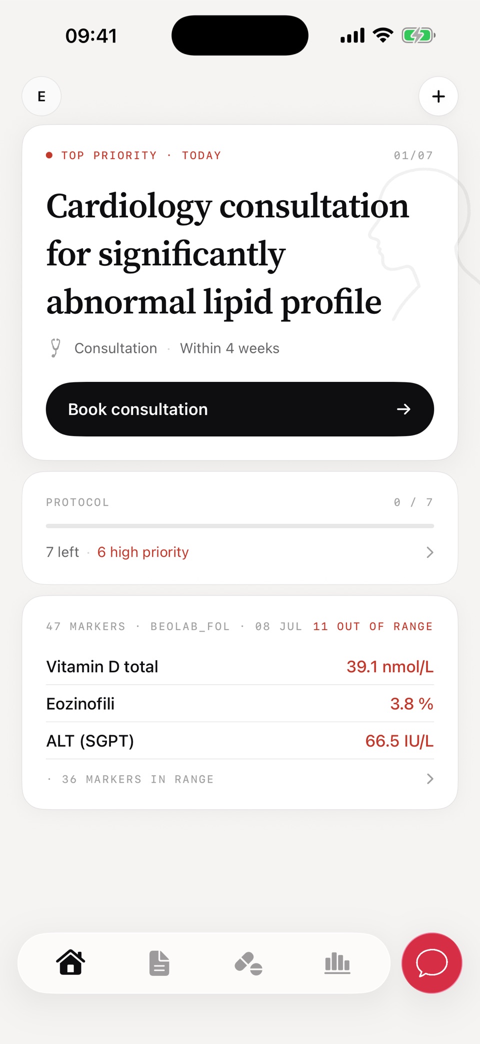 iMediq home screen — top health priority and biomarker summary